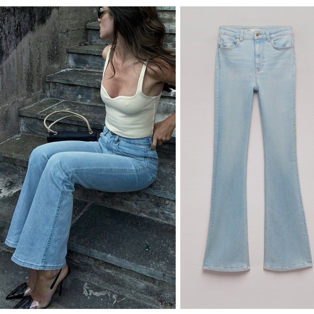 ZARA high rise light blue flare leg blogger favorite